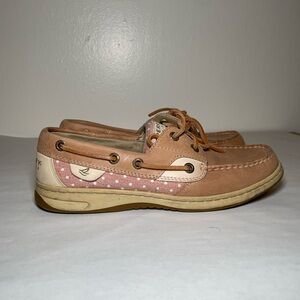 Sperry Tan and Pink Polka Dot Boat Shoes